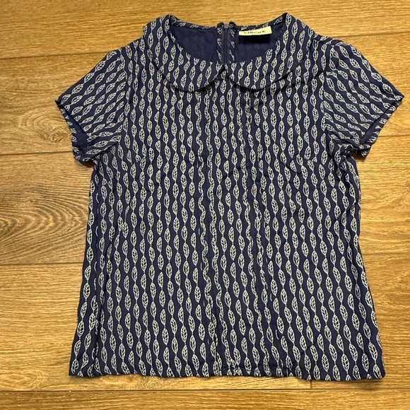 Modcloth x CIRCUS Feather Print Retro Peter Pan Collar Short Sleeve Blouse UK 8 - Picture 1 of 10